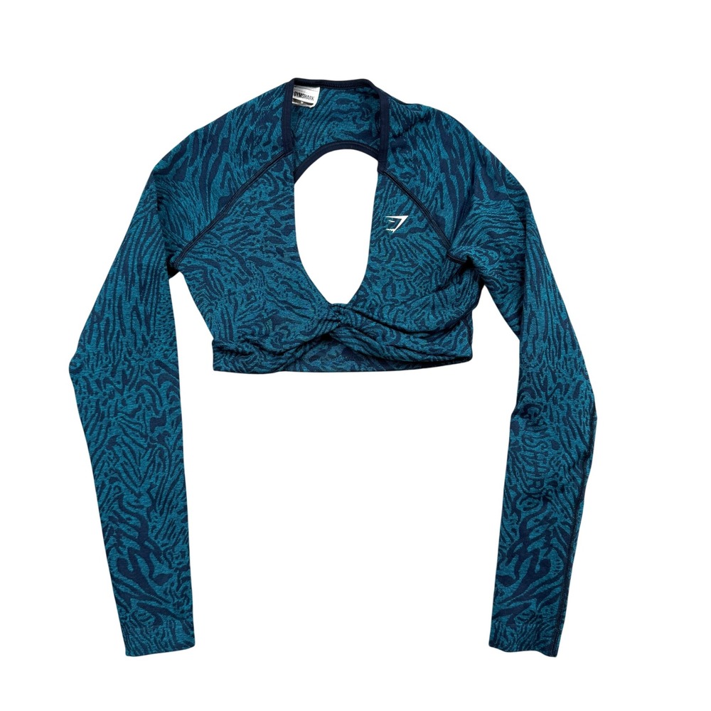 Gymshark Long Sleeve Shrug Women M Blue Animal Print Twist Front Keyhole Back